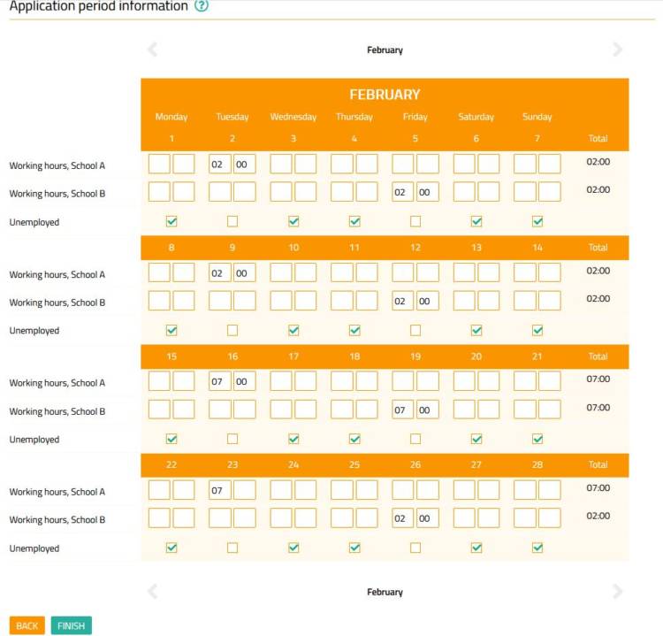 Picture of the calendar-section, where you mark the working hours