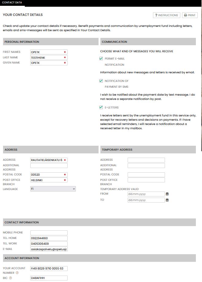 Personal information -section in Openetti