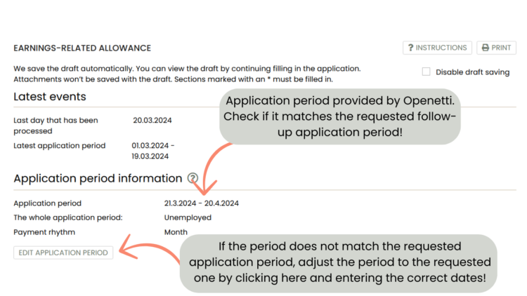 Instructions on where to check the application period offered by Openetti, as well as instructions on where to modify the application period to match the requested period.