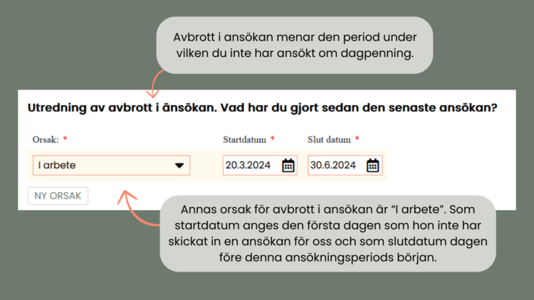 Instruktion om hur orsaken till och perioden för ansökningsavbrottet ska fyllas i.