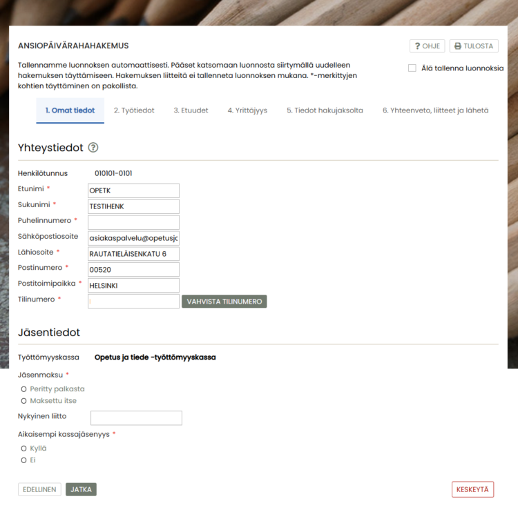 Hakemuslomakkeen kohta, jossa kysytään yhteystiedot ja tilinumero.